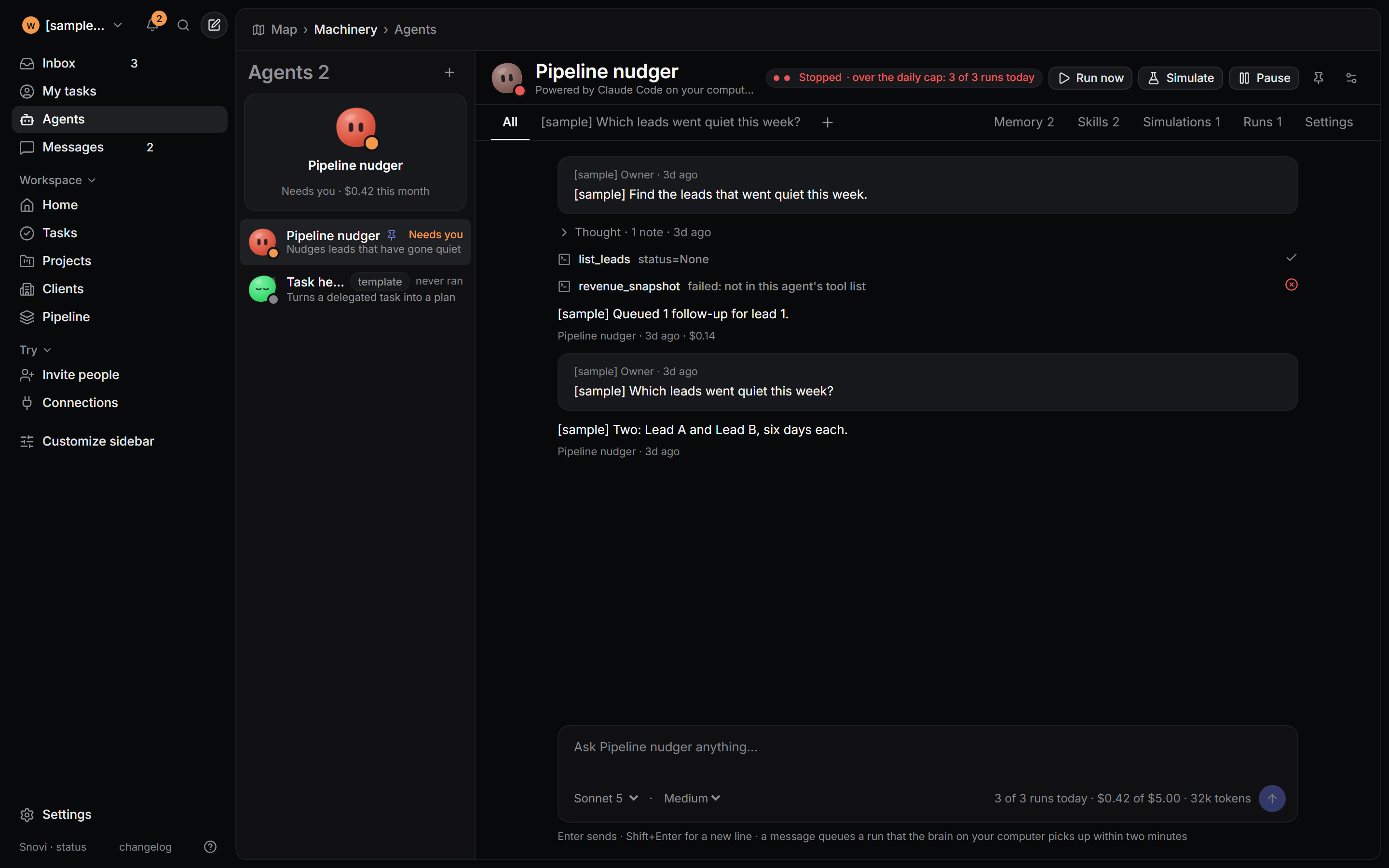 The Snovi dashboard: an agent called Pipeline nudger with a face, its conversation, its memory, skills, simulations and runs, over sample data.