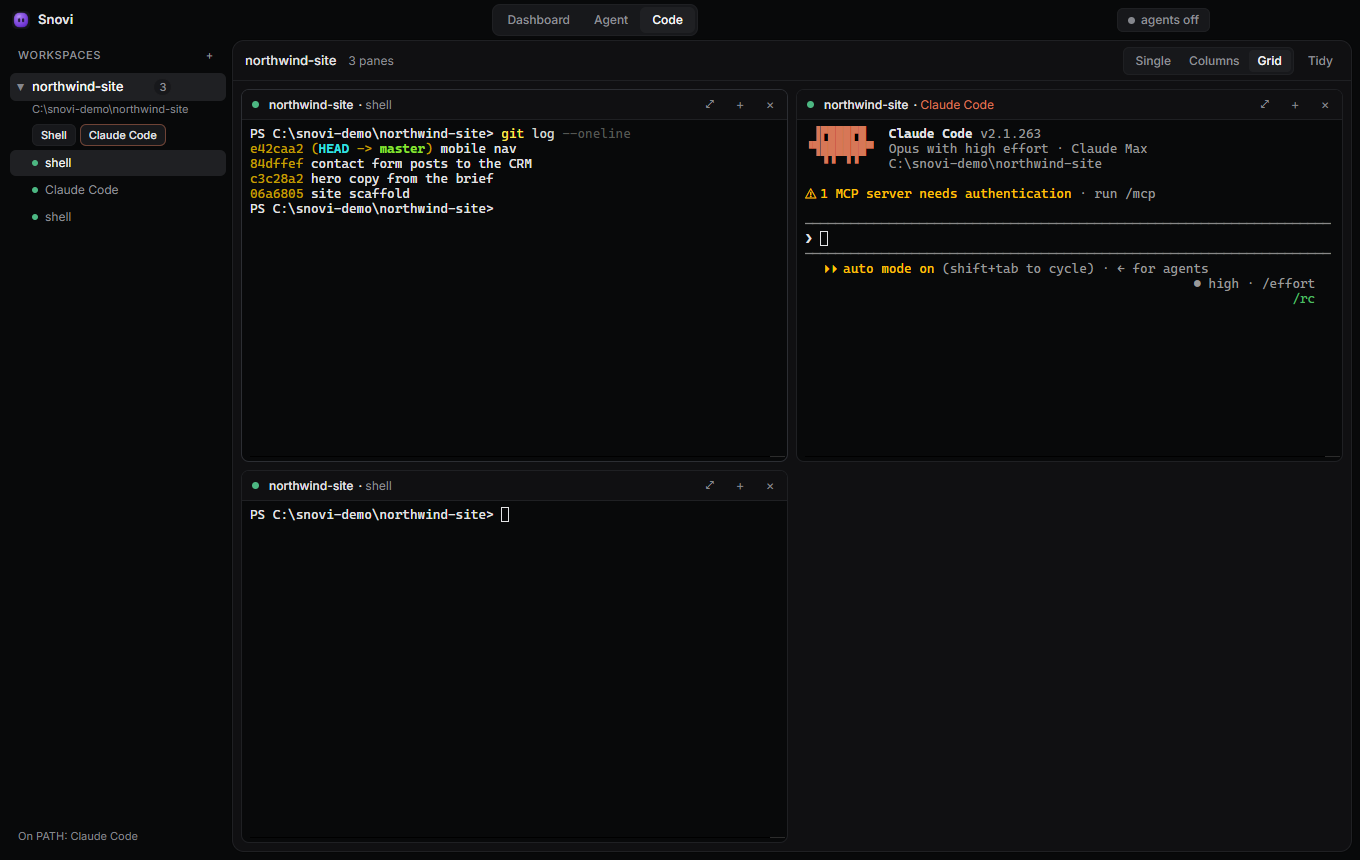 The Snovi desktop app's Code tab: a workspace on the rail, two shells and Claude Code side by side on the board.