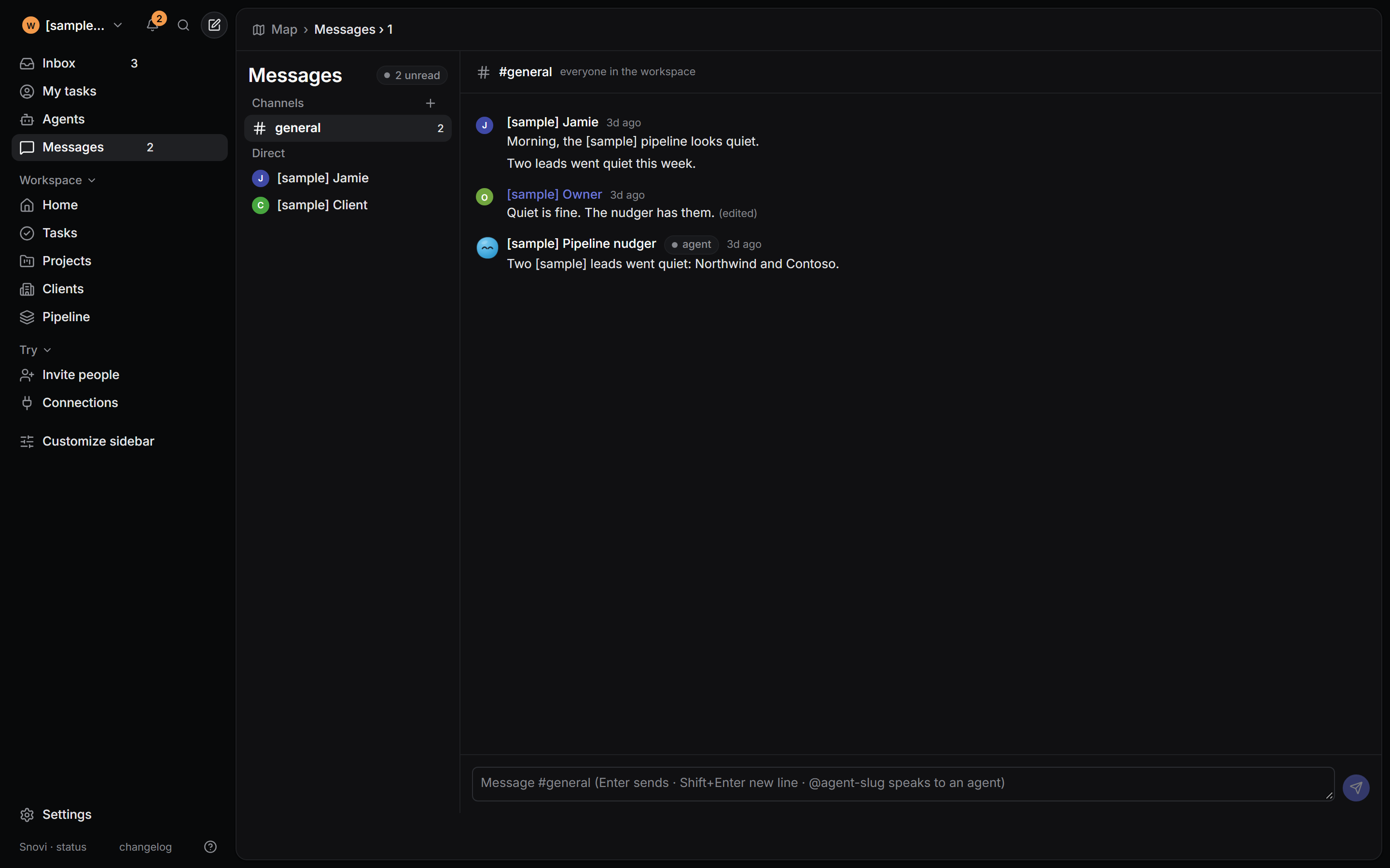 Snovi messages: a channel where people and an agent talk, the agent's line marked with its face and an agent badge, over sample data.